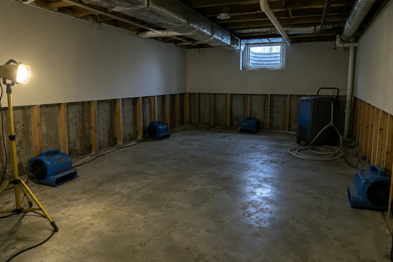 Flood-cut basement wall with air movers drying the concrete slab in Smyrna