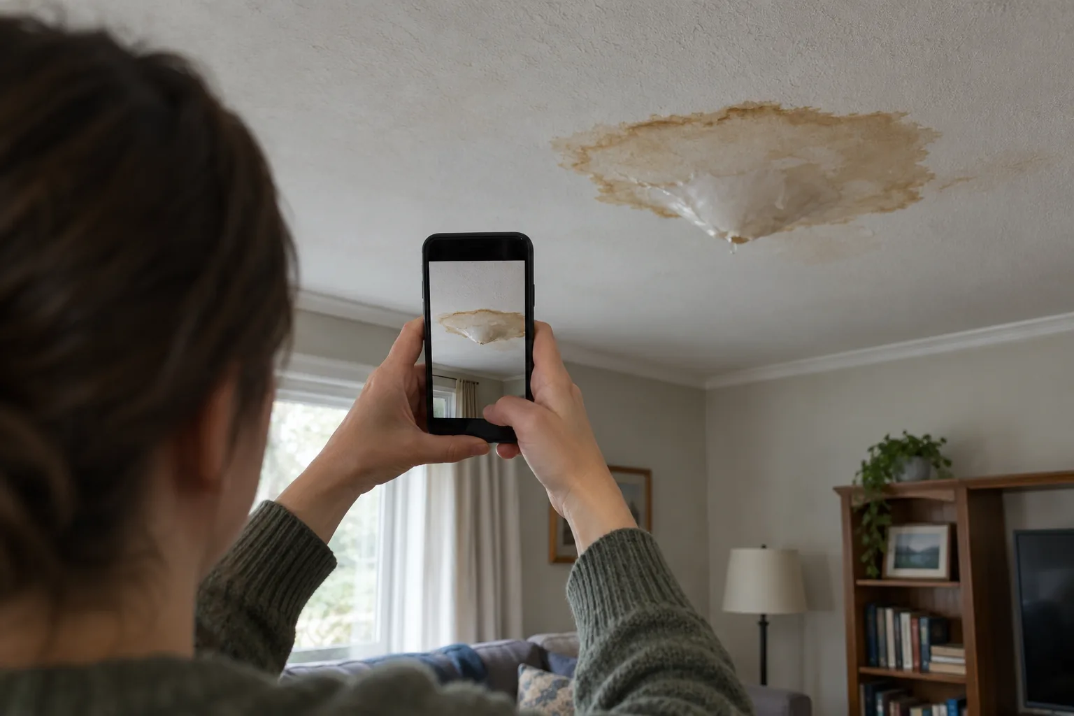 Homeowner photographing water damage on a phone for an insurance claim