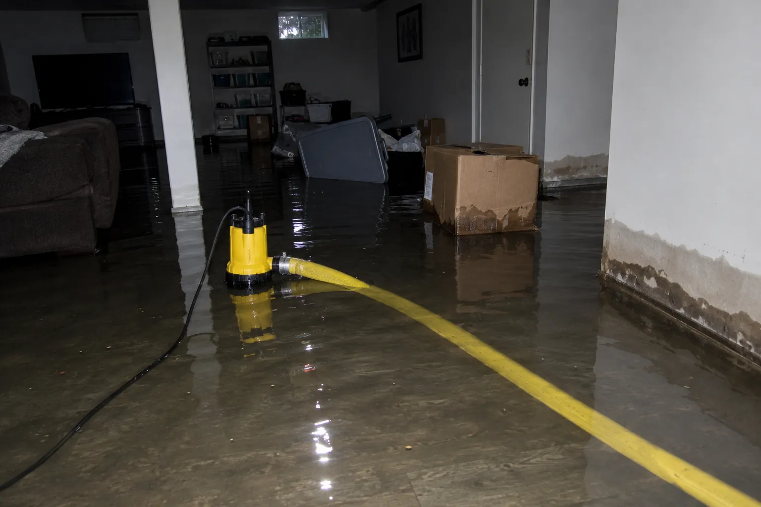 Standing water being pumped from a flooded Smyrna basement