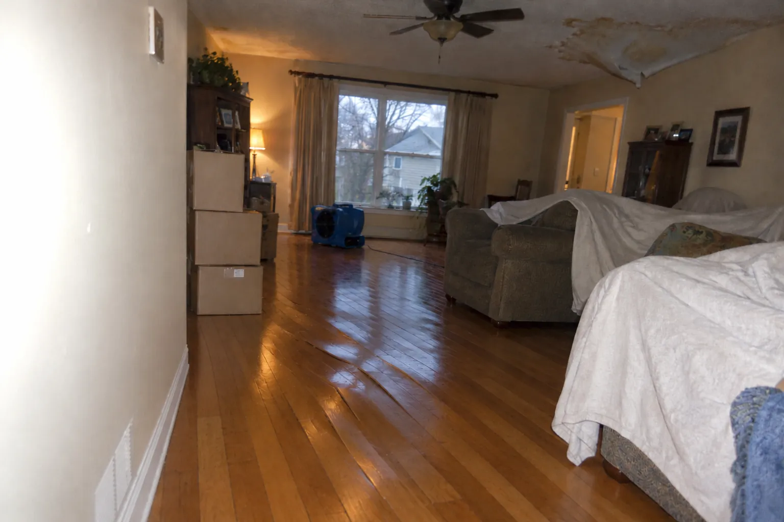 Buckled hardwood flooring and ceiling damage in a Smyrna home being restored