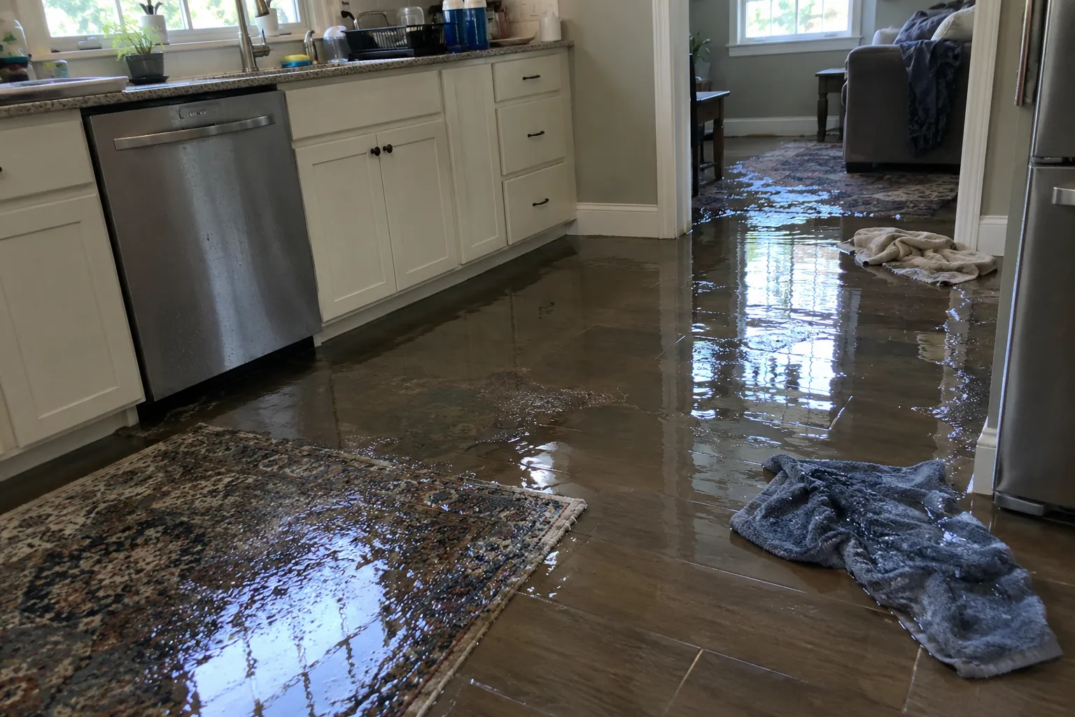 Water spreading across a kitchen floor from a failed appliance